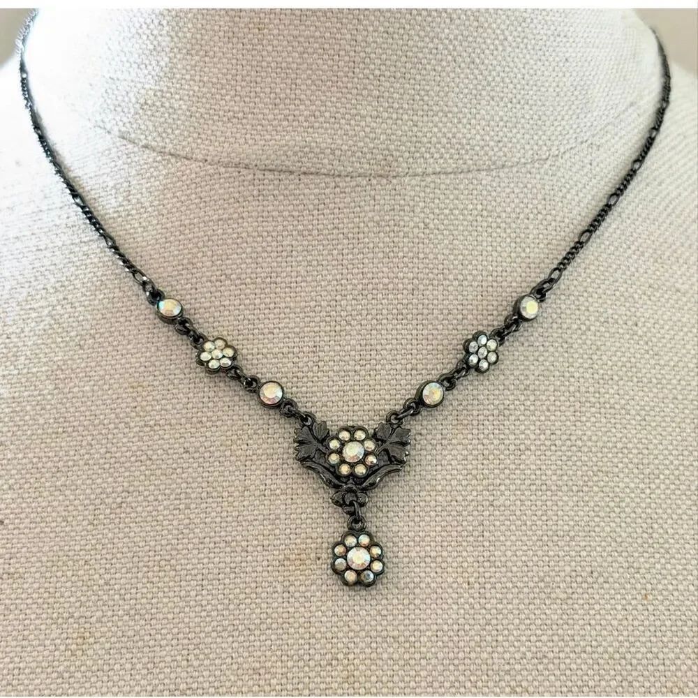 Aurora Borealis Rhinestone Floral Drop Necklace Gunmetal Tone